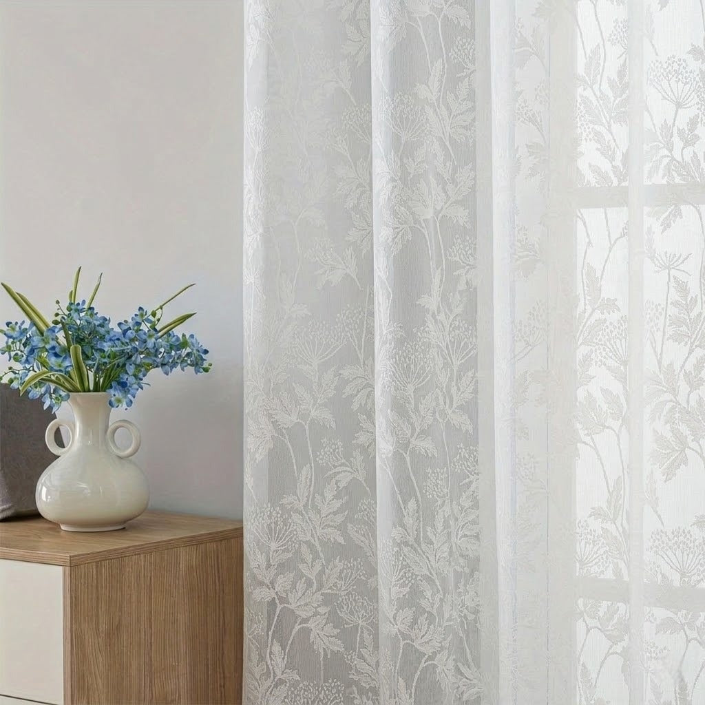 RYKA Cotton Net Sheer Door Curtain | Lilly Patten Printed | Sunlight Filtering Linen Texture | Eyelet Hanging (7FT) | Lilly White (Pack of 1)