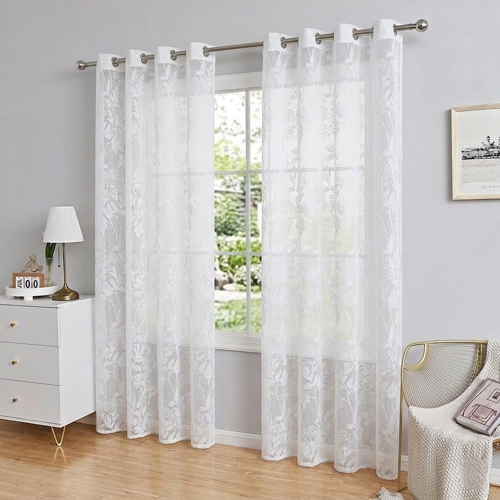 RYKA Cotton Net Sheer Door Curtain | Lilly Patten Printed | Sunlight Filtering Linen Texture | Eyelet Hanging (7FT) | Lilly White (Pack of 1)