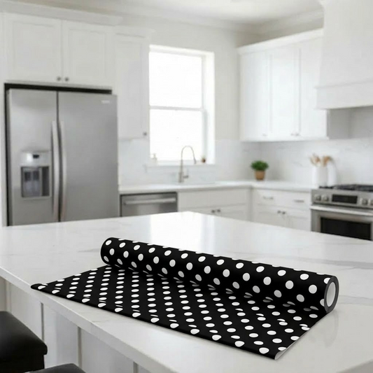 RYKA Shelf Mat | Polka Printed Desk Mat | Placemat for Kitchen | PVC Non-Slip Drawer Sheets| Kitchen Cabinet Shelf Liner | 5 Meter (Black)