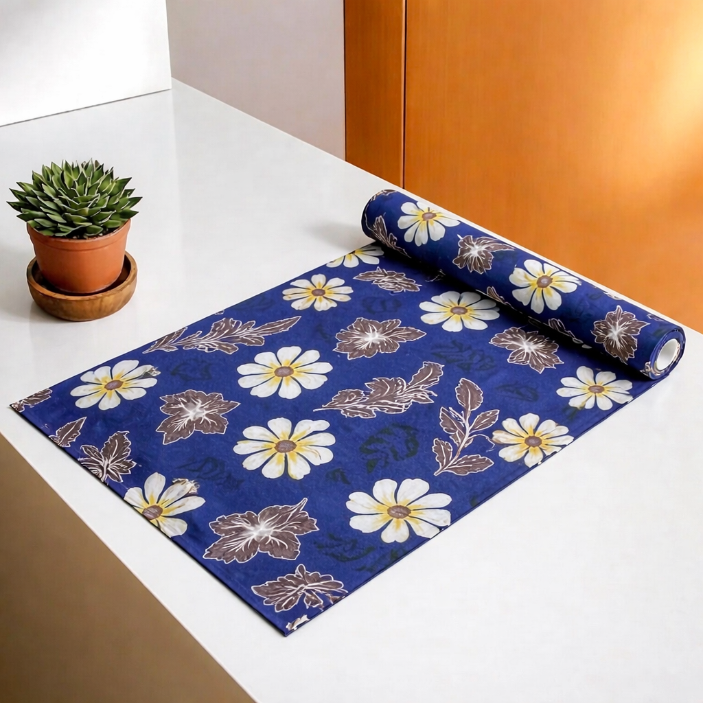 RYKA Shelf Mat | floral Printed Desk Mat | Placemat for Kitchen | PVC Non-Slip Drawer Sheets| Kitchen Cabinet Shelf Liner | 5 Meter (Blue)
