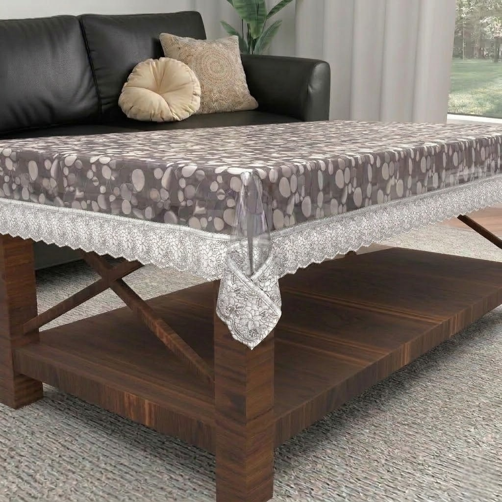 RYKA PVC Transparent Table Cover 4 Seater | Table Protector Sheet | Waterproof and Dustproof | Diamond Silver Lace Transparent Table Cloth | Rectangular Center Table Cover | 40X60 Inch (Pack Of 1)