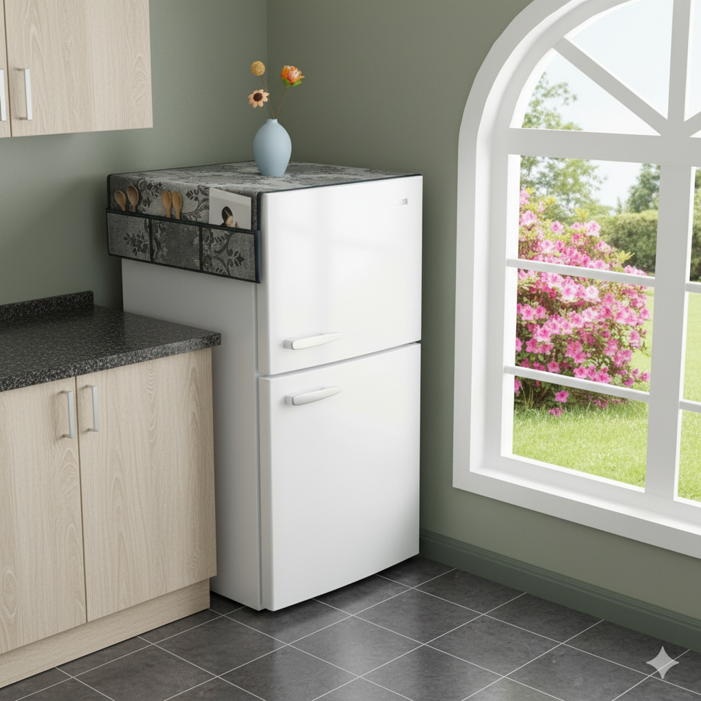 Ryka Premium PVC Fridge Top Cover | Waterproof & Dustproof Refrigerator Cover with 6 Utility Pockets | Stylish Printed Fridge Mat for Home Kitchen Décor