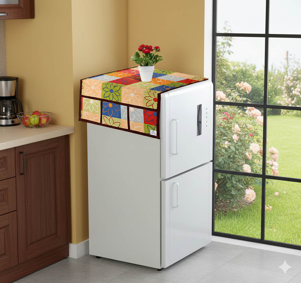 Ryka Premium PVC Fridge Top Cover | Waterproof & Dustproof Refrigerator Cover with 6 Utility Pockets | Stylish Printed Fridge Mat for Home Kitchen Décor