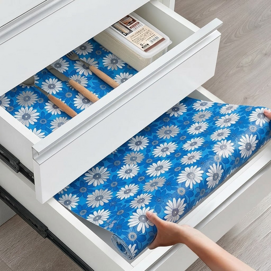 RYKA Shelf Mat | Floral Printed Desk Mat | Placemat for Kitchen | PVC Non-Slip Drawer Sheets| Kitchen Cabinet Shelf Liner | 5 Meter (Blue)