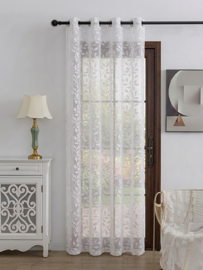 RYKA Cotton Net Sheer Door Curtain | Lilly Patten Printed | Sunlight Filtering Linen Texture | Eyelet Hanging (7FT) | Lilly White (Pack of 1)