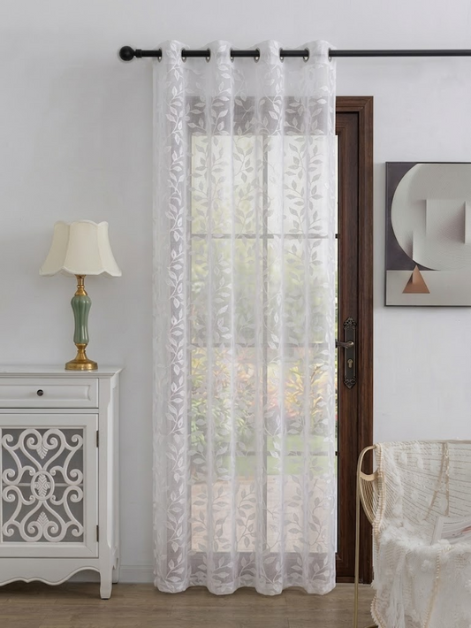 RYKA Cotton Net Sheer Door Curtain | Lilly Patten Printed | Sunlight Filtering Linen Texture | Eyelet Hanging (7FT) | Lilly White (Pack of 1)