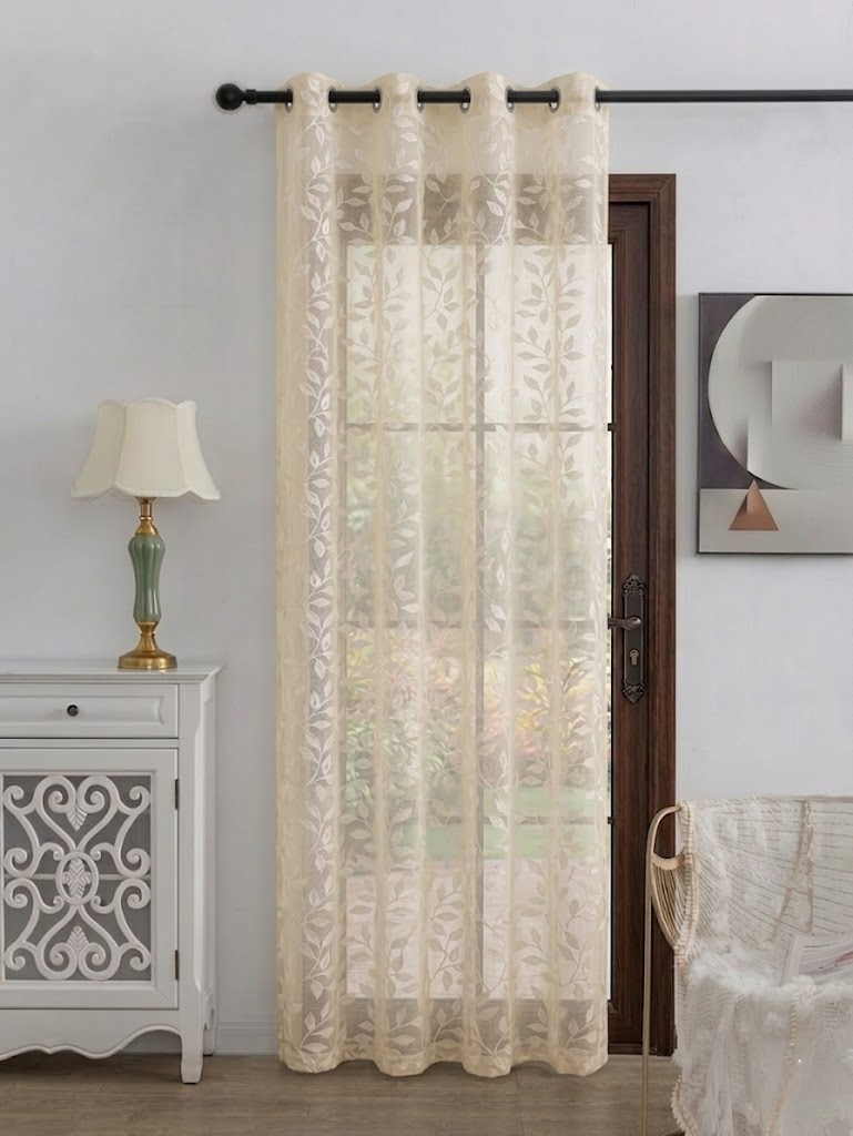 RYKA Cotton Net Sheer Door Curtain | Patti Patten Printed | Sunlight Filtering Linen Texture | Eyelet Hanging (7FT) | Patti Cream (Pack of 1)