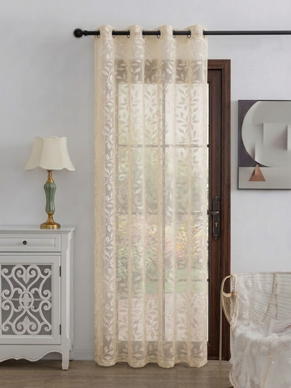 RYKA Cotton Net Sheer Door Curtain | Patti Patten Printed | Sunlight Filtering Linen Texture | Eyelet Hanging (7FT) | Patti Cream (Pack of 1)