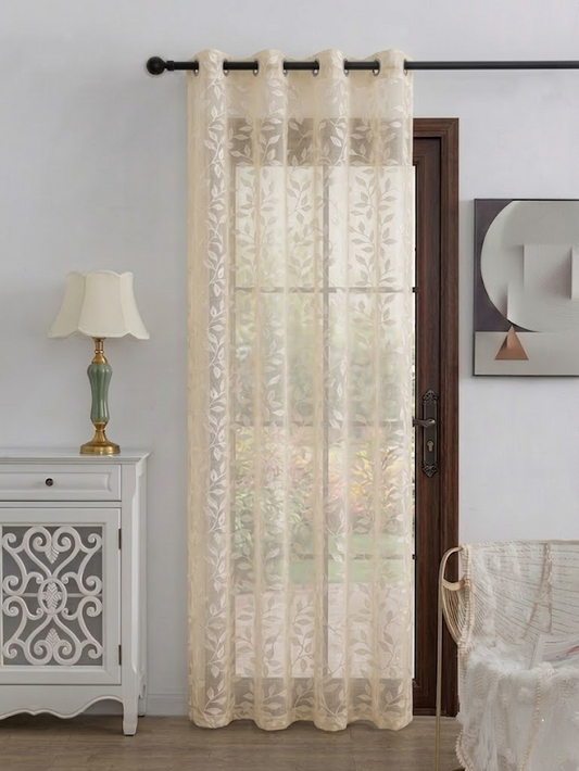 RYKA Cotton Net Sheer Door Curtain | Patti Patten Printed | Sunlight Filtering Linen Texture | Eyelet Hanging (7FT) | Patti Cream (Pack of 1)