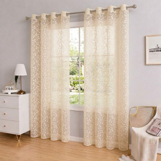 RYKA Cotton Net Sheer Door Curtain | Patti Patten Printed | Sunlight Filtering Linen Texture | Eyelet Hanging (7FT) | Patti Cream (Pack of 1)