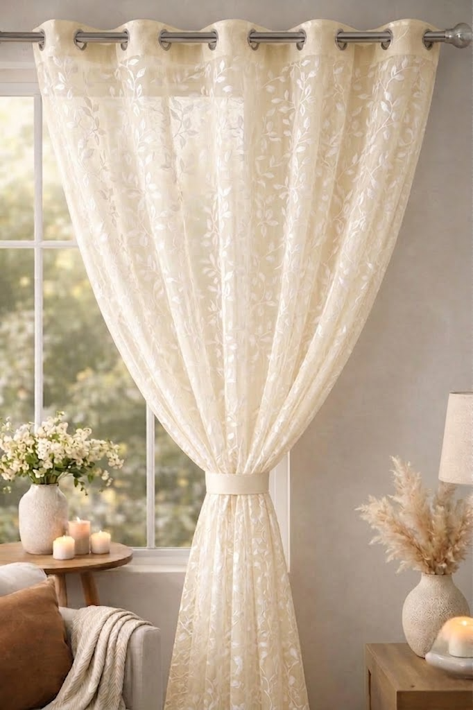 RYKA Cotton Net Sheer Door Curtain | Patti Patten Printed | Sunlight Filtering Linen Texture | Eyelet Hanging (7FT) | Patti Cream (Pack of 1)