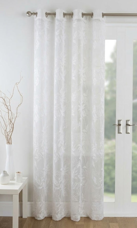 RYKA Cotton Net Sheer Door Curtain | Lilly Patten Printed | Sunlight Filtering Linen Texture | Eyelet Hanging (7FT) | Lilly White (Pack of 1)