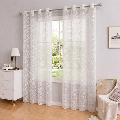 RYKA Cotton Net Sheer Door Curtain | Lilly Patten Printed | Sunlight Filtering Linen Texture | Eyelet Hanging (7FT) | Lilly White (Pack of 1)