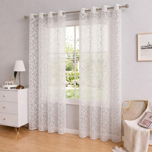 RYKA Cotton Net Sheer Door Curtain | Lilly Patten Printed | Sunlight Filtering Linen Texture | Eyelet Hanging (7FT) | Lilly White (Pack of 1)