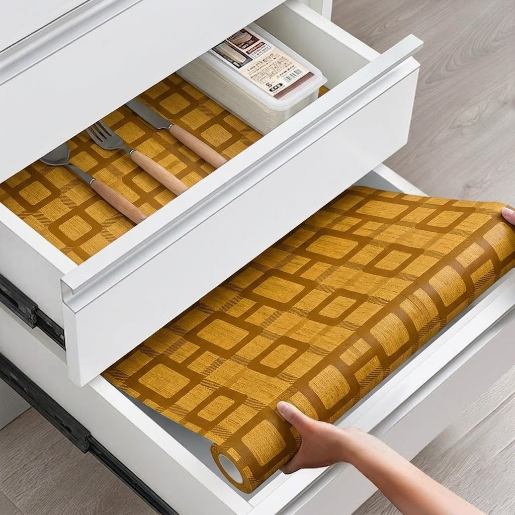 RYKA Shelf Mat | Biscuit Printed Desk Mat | Placemat for Kitchen | PVC Non-Slip Drawer Sheets| Kitchen Cabinet Shelf Liner | 5 Meter (Yellow)