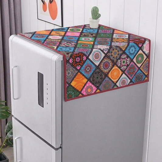 RYKA Refrigerator Top Cover with Side Pockets | Multi Printed Top Cover | Dustproof & Waterproof Fridge Cover | Cloth Fabric | Easy Wash | Multicolour (Pack of 1)