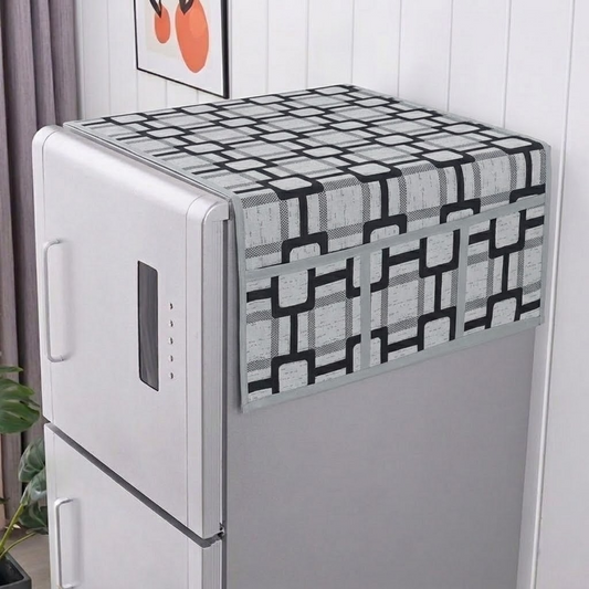 RYKA Refrigerator Top Cover with Side Pockets | Biscuit Printed Top Cover | Dustproof & Waterproof Fridge Cover | Polyester Fabric | Easy Wash | Grey (Pack of 1)