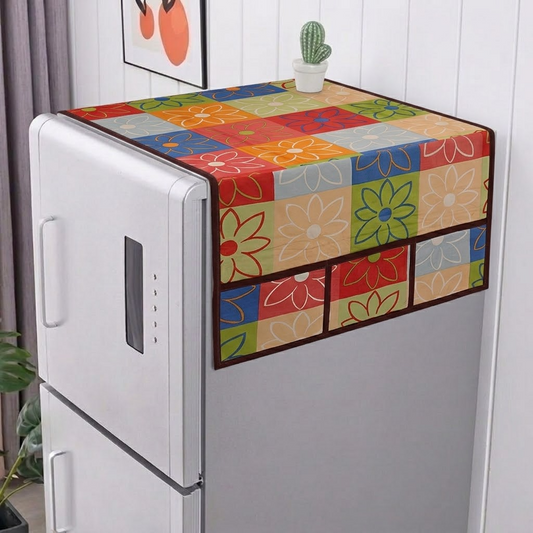 RYKA Refrigerator Top Cover with Side Pockets | Rangoli Printed Top Cover | Dustproof & Waterproof Fridge Cover | Polyester Fabric | Easy Wash | Multicolour (Pack of 1)