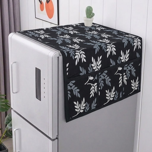 RYKA Refrigerator Top Cover with Side Pockets | Floral Printed Top Cover | Dustproof & Waterproof Fridge Cover | Cloth Fabric | Easy Wash | Black Grey  (Pack of 1)