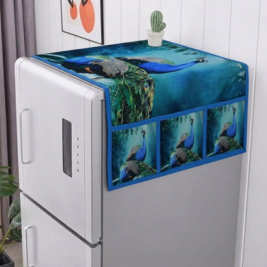 RYKA Refrigerator Top Cover with Side Pockets | Peacock Printed Top Cover | Dustproof & Waterproof Fridge Cover | Cloth Fabric | Easy Wash | Peacock (Pack of 1)