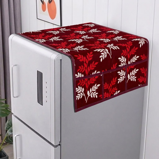 RYKA Refrigerator Top Cover with Side Pockets | Leaf Printed Top Cover | Dustproof & Waterproof Fridge Cover | Cloth Fabric | Easy Wash | Maroon (Pack of 1)