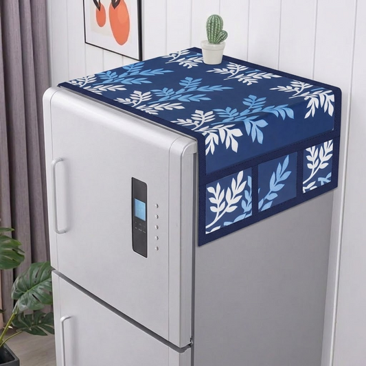 RYKA Refrigerator Top Cover with Side Pockets | Leaf Printed Top Cover | Dustproof & Waterproof Fridge Cover | Cloth Fabric | Easy Wash | Blue (Pack of 1)