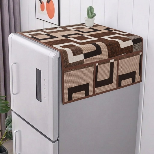 RYKA Refrigerator Top Cover with Side Pockets | Check Printed Top Cover | Dustproof & Waterproof Fridge Cover | Cloth Fabric | Easy Wash | Brown (Pack of 1)