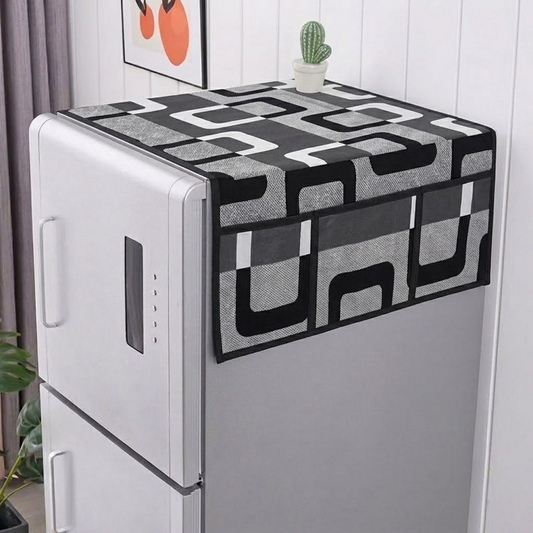 RYKA Refrigerator Top Cover with Side Pockets | Check Printed Top Cover | Dustproof & Waterproof Fridge Cover | Cloth Fabric | Easy Wash | Black (Pack of 1)