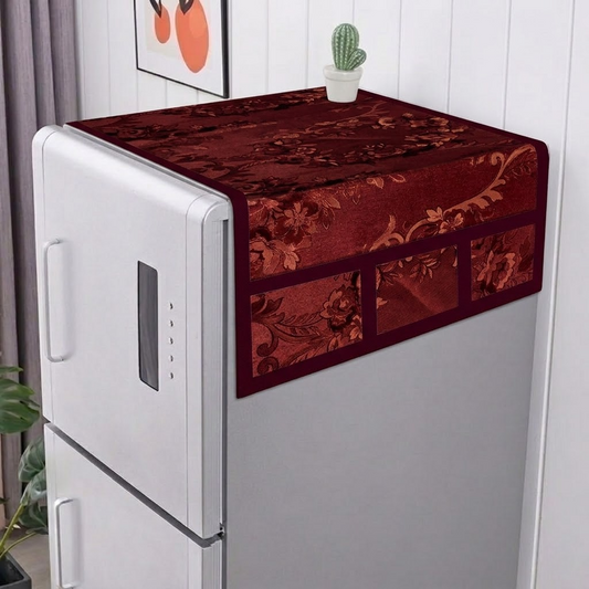 RYKA Refrigerator Top Cover with Side Pockets | Printed Top Cover | Dustproof & Waterproof Fridge Cover | Cloth Fabric | Easy Wash | Red (Pack of 1)