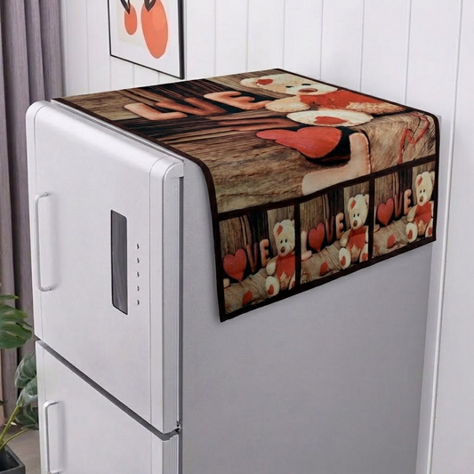 RYKA Refrigerator Top Cover with Side Pockets | Teddy Printed Top Cover | Dustproof & Waterproof Fridge Cover | Cloth Fabric | Easy Wash | Teddy (Pack of 1)