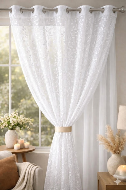 RYKA Cotton Net Sheer Door Curtain | Lilly Patten Printed | Sunlight Filtering Linen Texture | Eyelet Hanging (7FT) | Lilly White (Pack of 1)