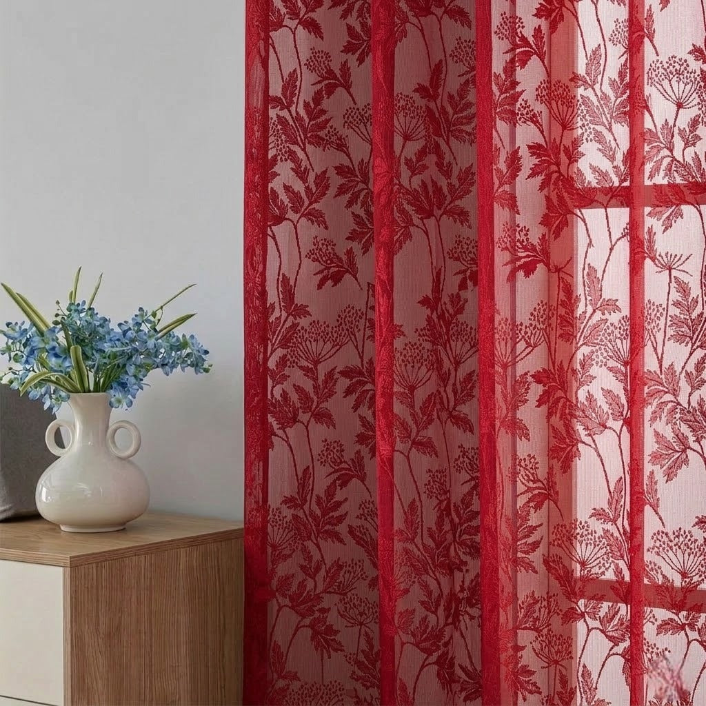 RYKA Cotton Net Sheer Door Curtain | Lilly Patten Printed | Sunlight Filtering Linen Texture | Eyelet Hanging (7FT) | Lilly Maroon (Pack of 1)