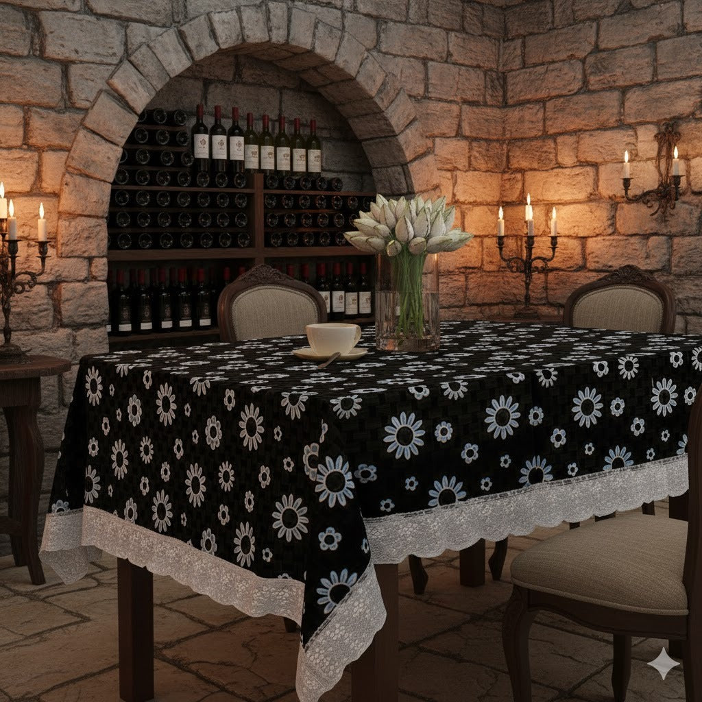 Ryka Black Floral  Print Center Table Cloth,Waterproof PVC 6 Seater Center Table Cover for Center table Cover,High Thickness, Waterproof & Anti Slip Center Table Cover with White Lace (Size 60x80, Rectangular, Pack of 1)