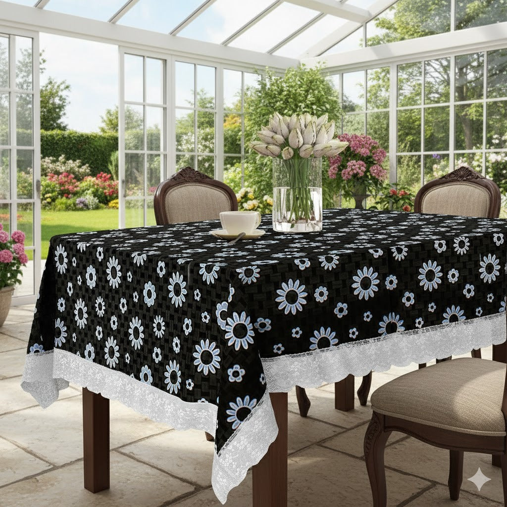 Ryka Black Floral  Print Center Table Cloth,Waterproof PVC 6 Seater Center Table Cover for Center table Cover,High Thickness, Waterproof & Anti Slip Center Table Cover with White Lace (Size 60x80, Rectangular, Pack of 1)