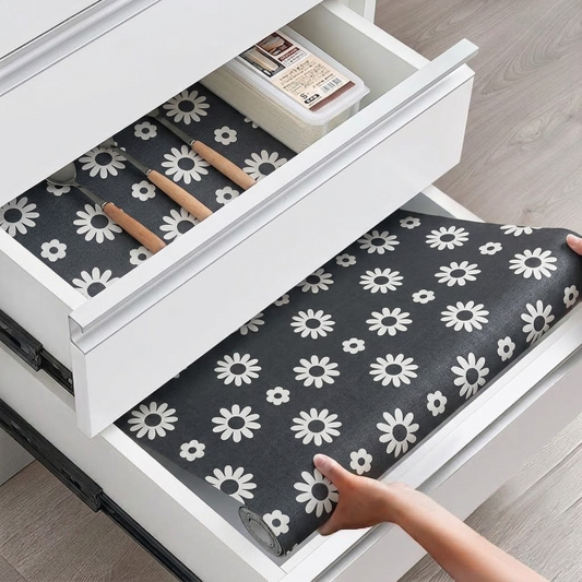 RYKA Shelf Mat | Floral Printed Desk Mat | Placemat for Kitchen | PVC Non-Slip Drawer Sheets| Kitchen Cabinet Shelf Liner | 5 Meter (Black)