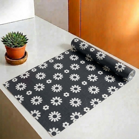 RYKA Shelf Mat | Floral Printed Desk Mat | Placemat for Kitchen | PVC Non-Slip Drawer Sheets| Kitchen Cabinet Shelf Liner | 5 Meter (Black)