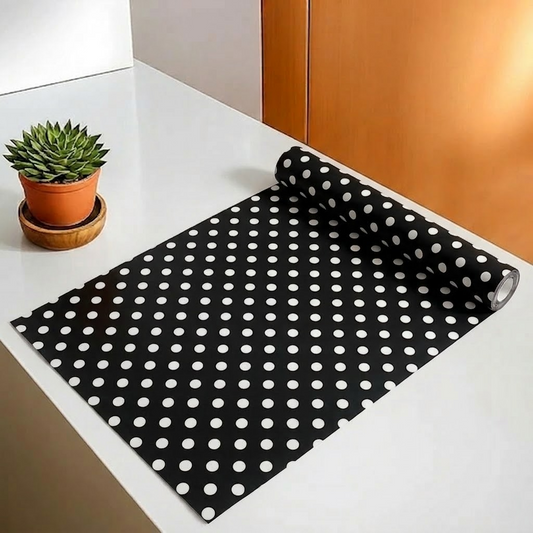 RYKA Shelf Mat | Polka Printed Desk Mat | Placemat for Kitchen | PVC Non-Slip Drawer Sheets| Kitchen Cabinet Shelf Liner | 5 Meter (Black)