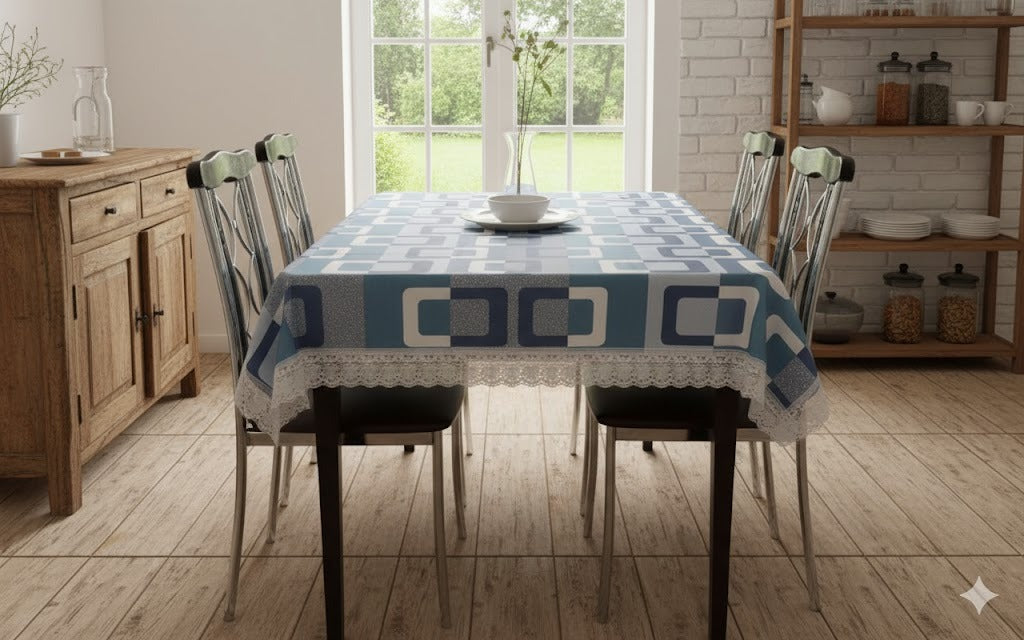 Ryka blue checked Table Cloth,Waterproof PVC 4 Seater Center Table Cover for Center table Cover,High Thickness, Waterproof & Anti Slip Center Table Cover with White Lace (Size 40x60, Rectangular, Pack of 1)