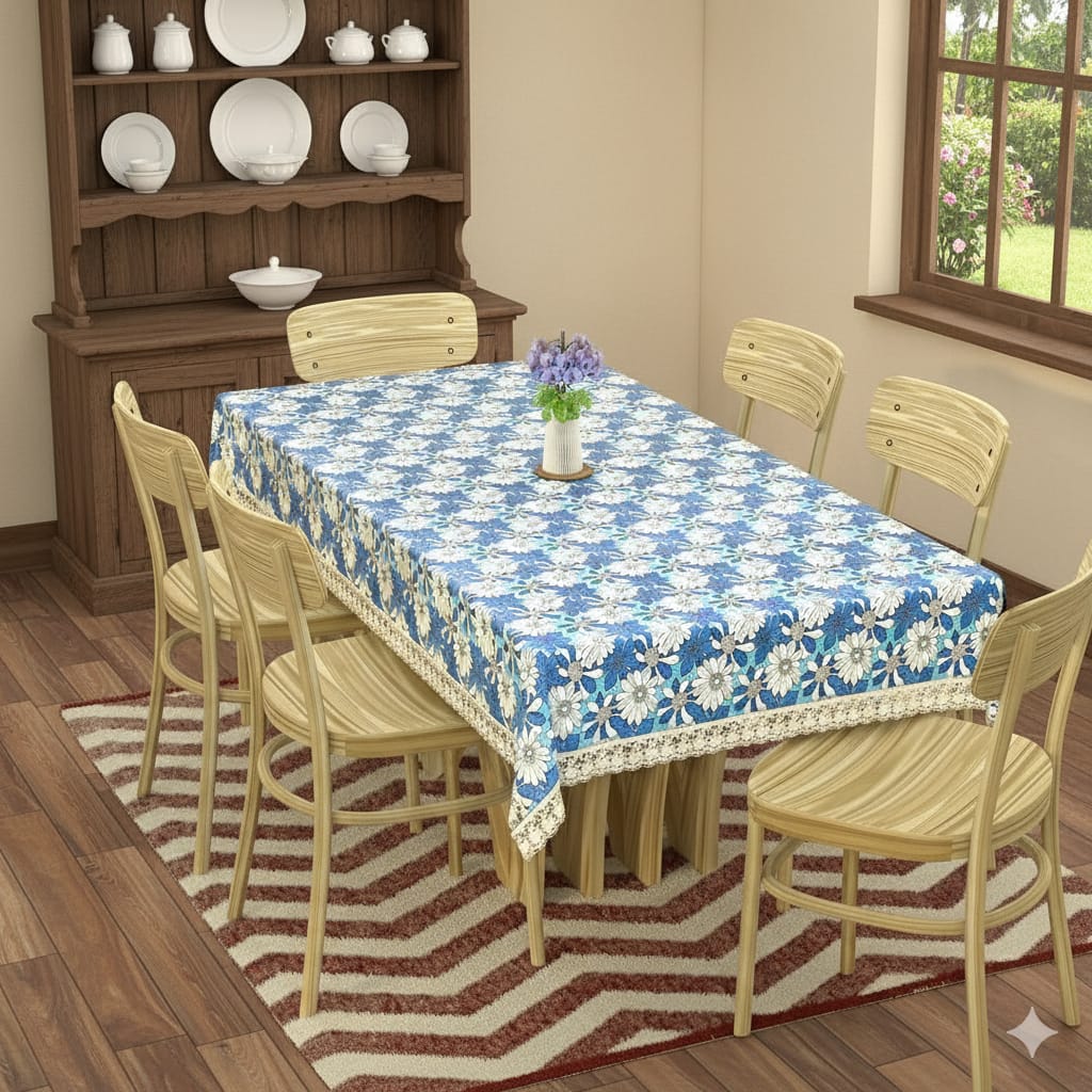 Ryka Print Center Table Cloth,Waterproof PVC 6 Seater Center Table Cover for Center table Cover,High Thickness, Waterproof & Anti Slip Center Table Cover with White Lace (Size 60x80, Rectangular, Pack of 1)