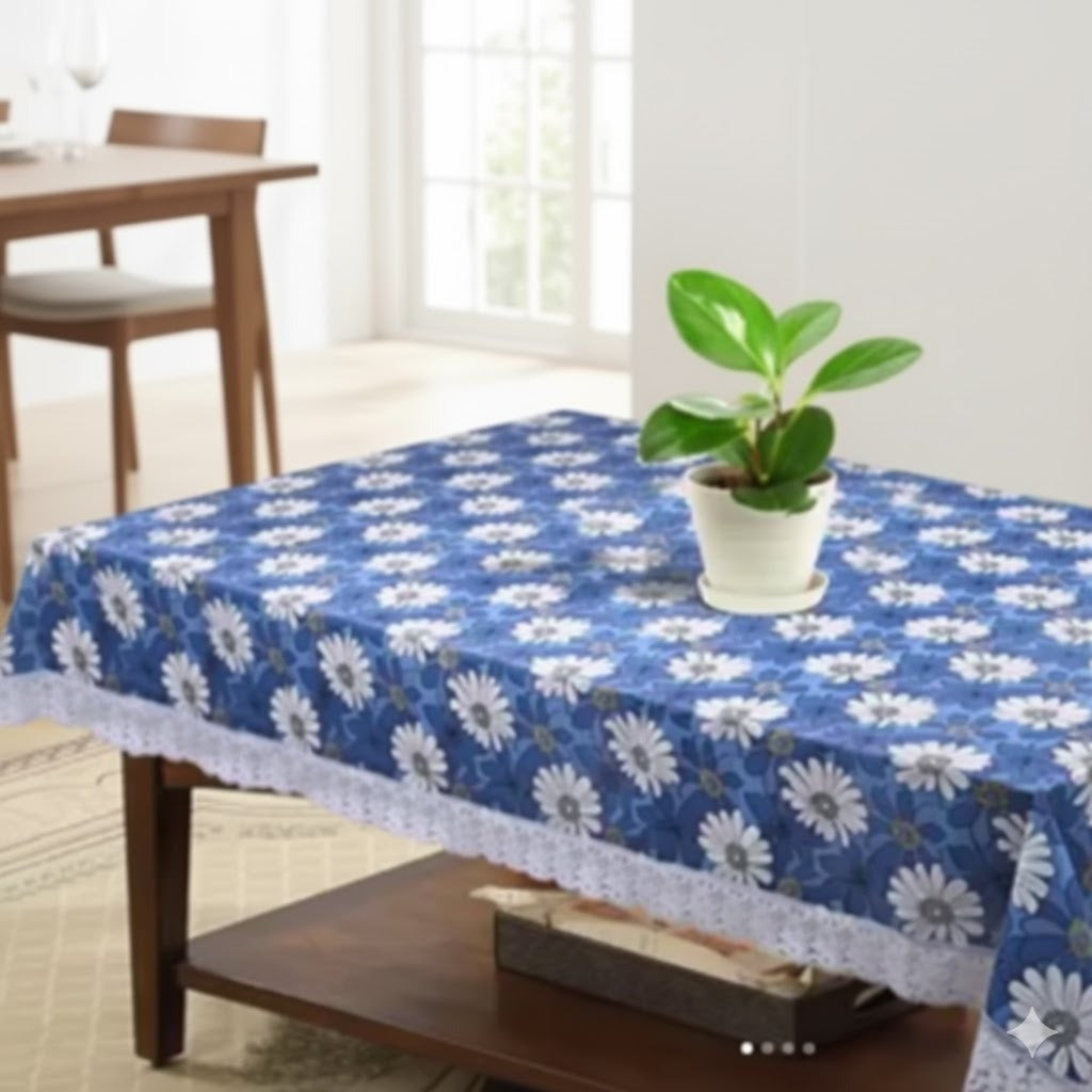 Ryka Blue sunflower l 4 Seater PVC Table Cover | Dining Table Cover | Waterproof, Durable & Easy Clean,Pvc dining table cover with white lace