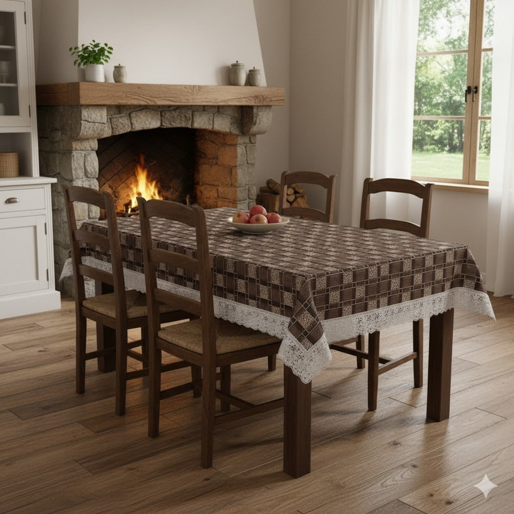 Ryka Brown Geometric Print Center Table Cloth,Waterproof PVC 4 Seater Center Table Cover for Center table Cover,High Thickness, Waterproof & Anti Slip Center Table Cover with White Lace (Size 40x60, Rectangular, Pack of 1)