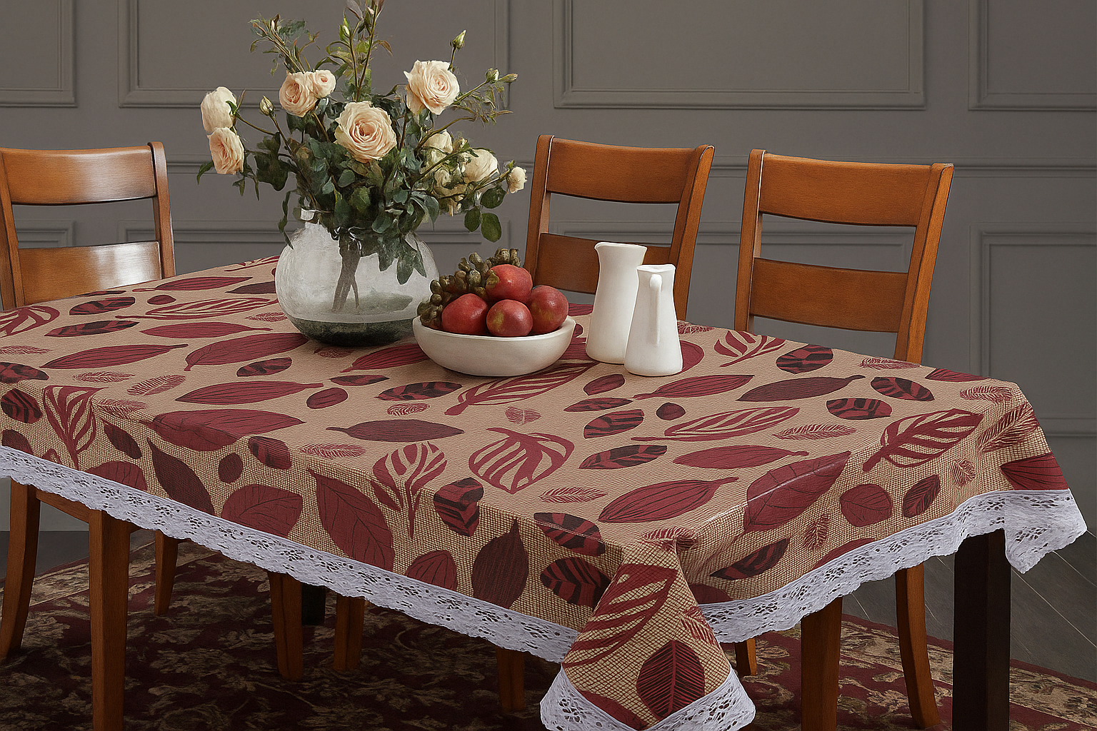 Ryka Leaf Design Print Center Table Cloth,Waterproof PVC 6 Seater Center Table Cover for Center table Cover,High Thickness, Waterproof & Anti Slip Center Table Cover with White Lace (Size 60x80, Rectangular, Pack of 1)