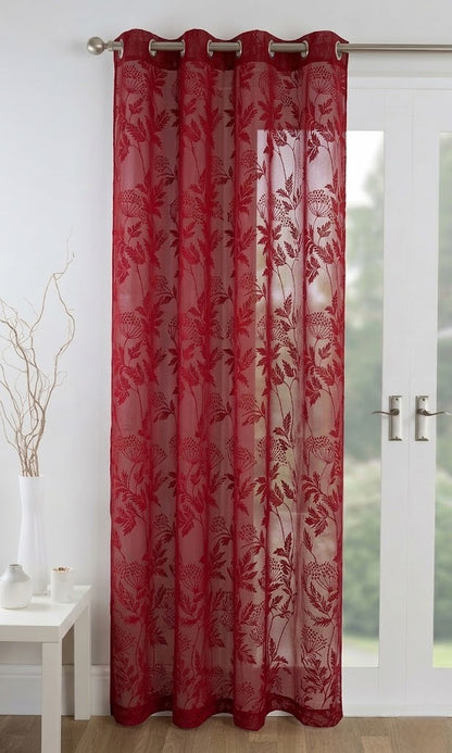 RYKA Cotton Net Sheer Door Curtain | Lilly Patten Printed | Sunlight Filtering Linen Texture | Eyelet Hanging (7FT) | Lilly Maroon (Pack of 1)