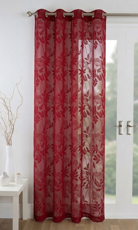 RYKA Cotton Net Sheer Door Curtain | Lilly Patten Printed | Sunlight Filtering Linen Texture | Eyelet Hanging (7FT) | Lilly Maroon (Pack of 1)