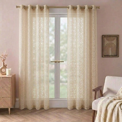 RYKA Cotton Net Sheer Door Curtain | Jall Patten Printed | Sunlight Filtering Linen Texture | Eyelet Hanging (7FT) | Jall Cream (Pack of 1)