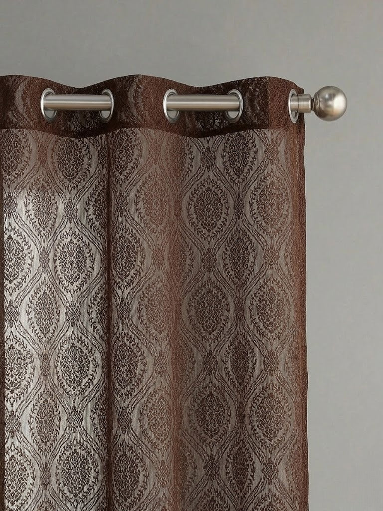 RYKA Cotton Net Sheer Door Curtain | Damsak Patten Printed | Sunlight Filtering Linen Texture | Eyelet Hanging (7FT) | Damsak Brown (Pack of 1)