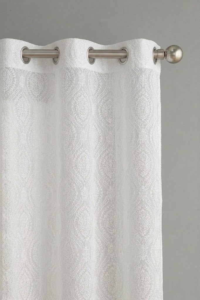 RYKA Cotton Net Sheer Door Curtain | Damsak Patten Printed | Sunlight Filtering Linen Texture | Eyelet Hanging (7FT) | Damsak White (Pack of 1)