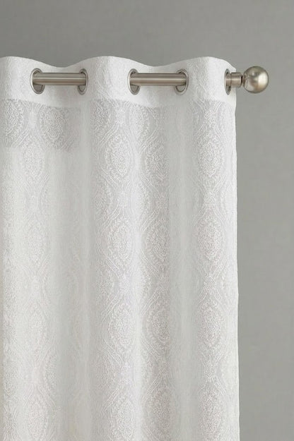 RYKA Cotton Net Sheer Door Curtain | Damsak Patten Printed | Sunlight Filtering Linen Texture | Eyelet Hanging (7FT) | Damsak White (Pack of 1)