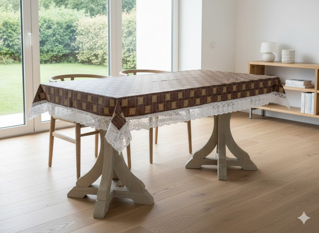 Ryka Brown Geometric Print Center Table Cloth,Waterproof PVC 4 Seater Center Table Cover for Center table Cover,High Thickness, Waterproof & Anti Slip Center Table Cover with White Lace (Size 40x60, Rectangular, Pack of 1)