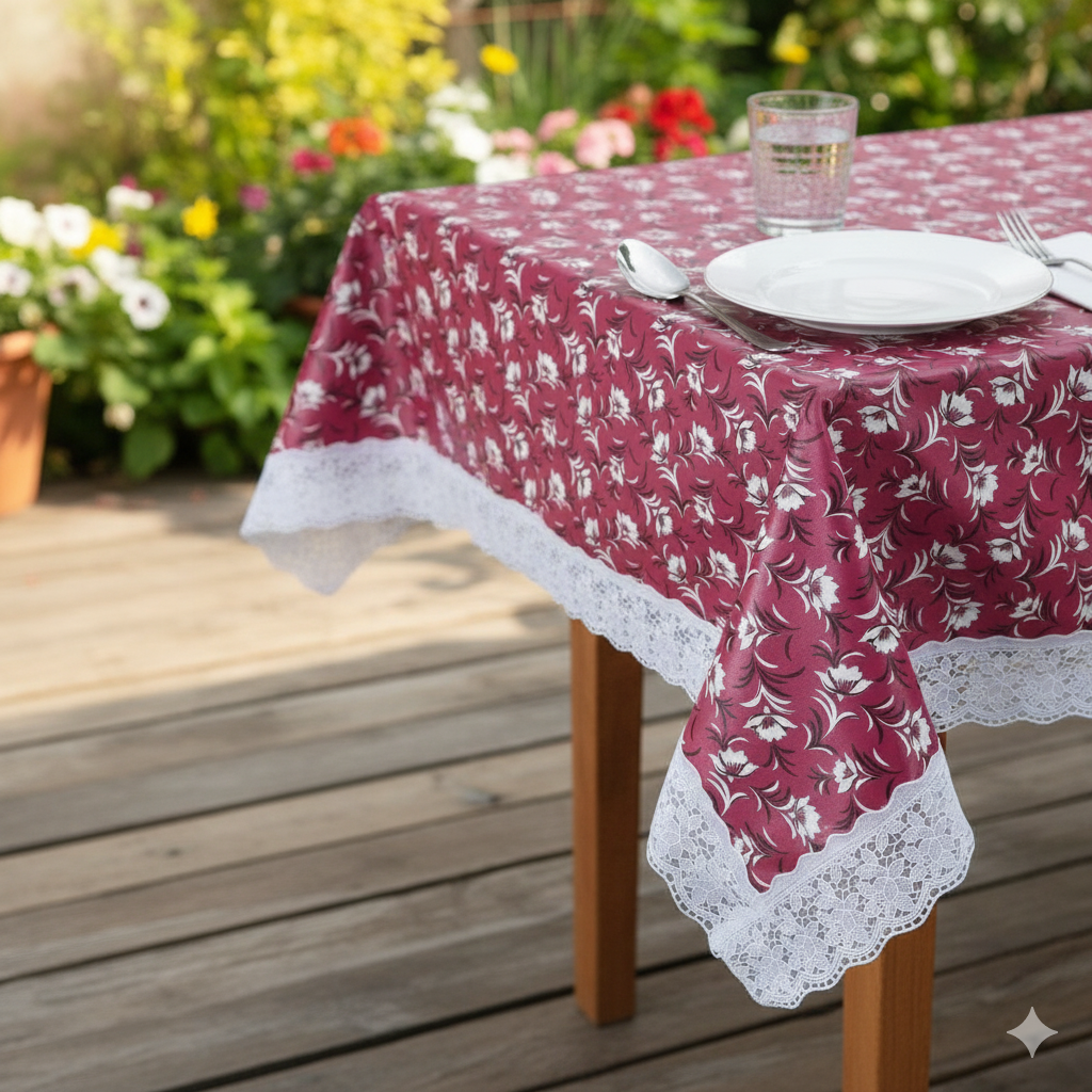 Ryka pink leave Print Center Table Cloth,Waterproof PVC 4 Seater Center Table Cover for Center table Cover,High Thickness, Waterproof & Anti Slip Center Table Cover with White Lace (Size 40x60, Rectangular, Pack of 1)